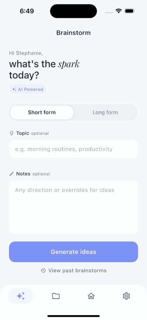 Brainstorm screen – generate ideas with AI