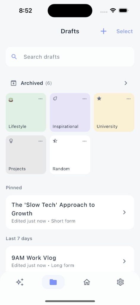 Drafts – folders and pinned content