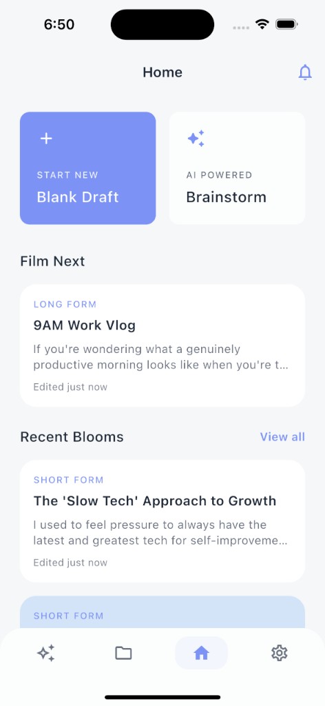 Home – start new, film next, recent blooms