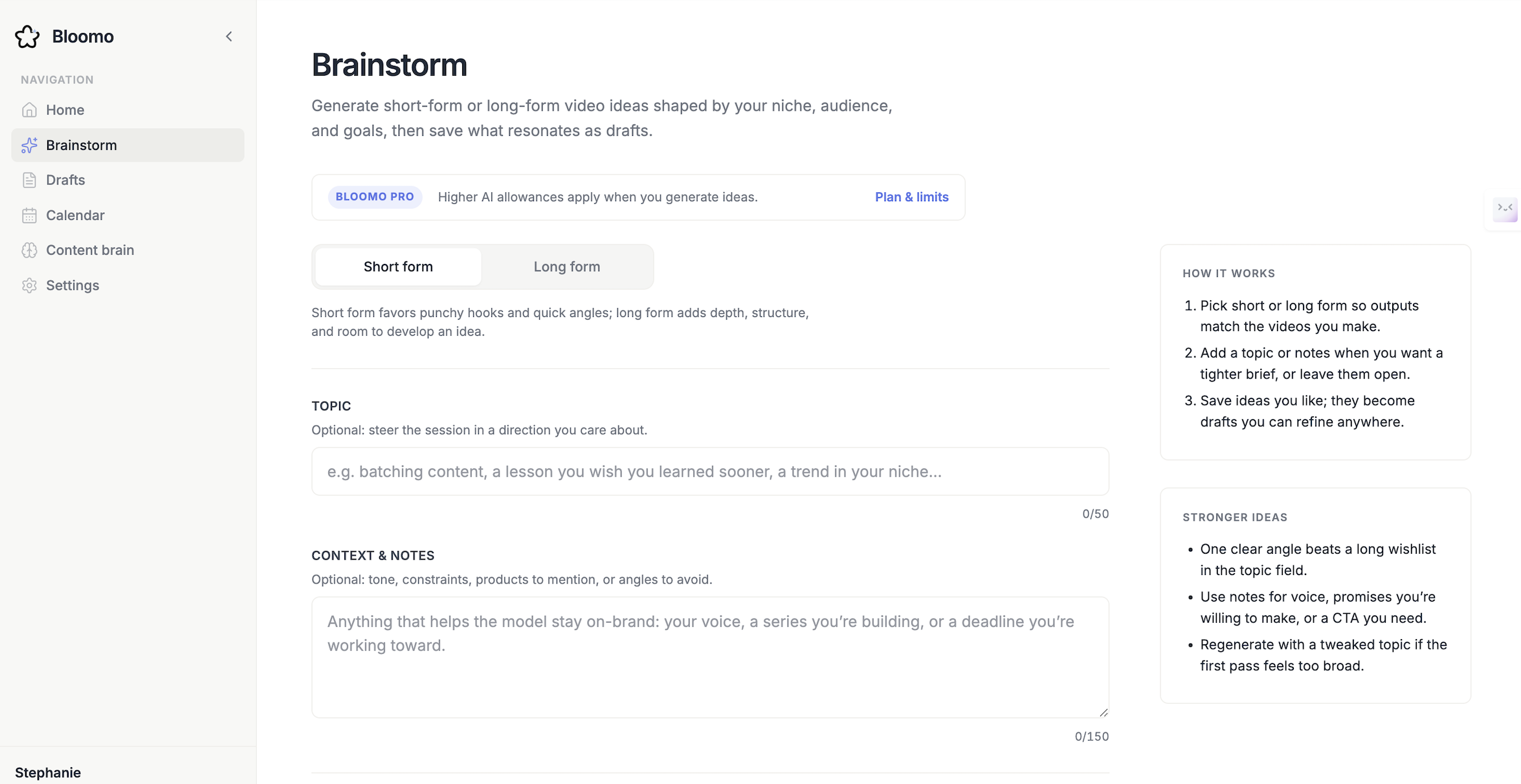 Bloomo web app – Brainstorm page with short-form and long-form idea generation